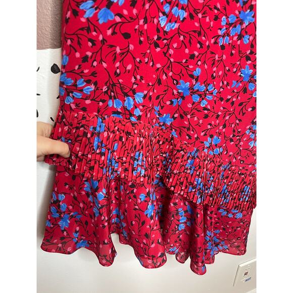 SALONI Lexie Red Floral Asymmetrical Ruffle Pleat Cold Shoulder Silk Dress US 0 - Picture 8 of 10